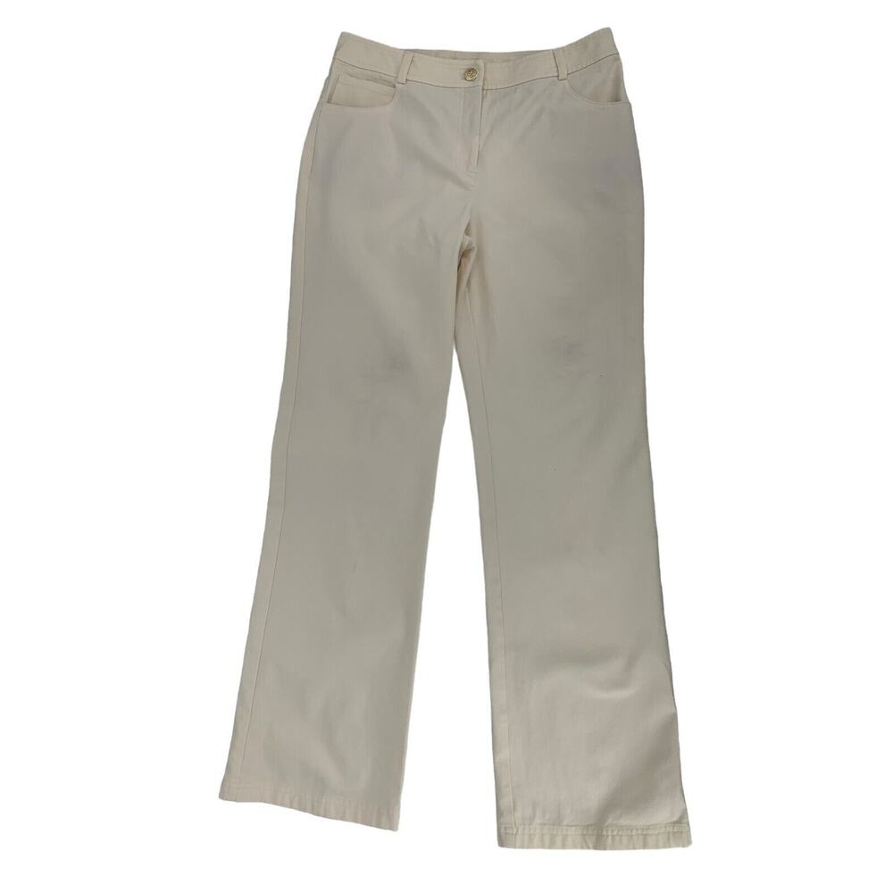St John‎ White Cotton Blend Pants Jeans Pocket Embroidery High Rise Size 8 USA